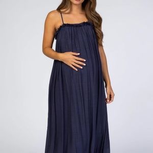 Navy Ruffle Linen Maternity Maxi Dress - NWT